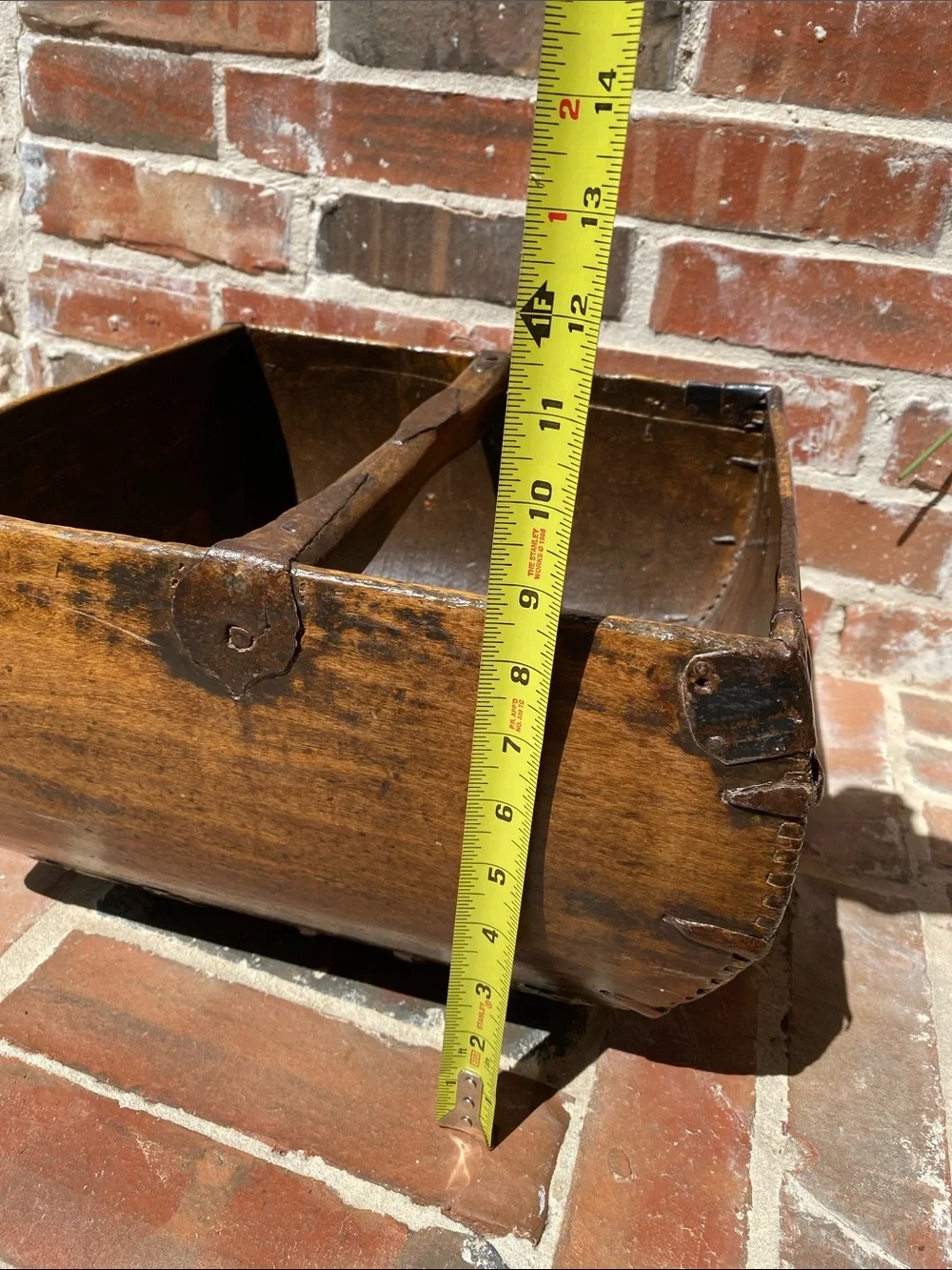 Antique Chinese Wooden Rice Measure Basket w/Handle and rustic metal accents